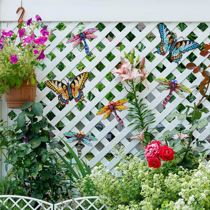 DEWEL 8 Pcs Metal Garden Decor for Outside, Butterfly Dragonfly Wall Decor Outdoor Wall Art, Colorful Hanging Decorations Wall Decor for Garden Fence Patio Yard, Great Gift Choice
