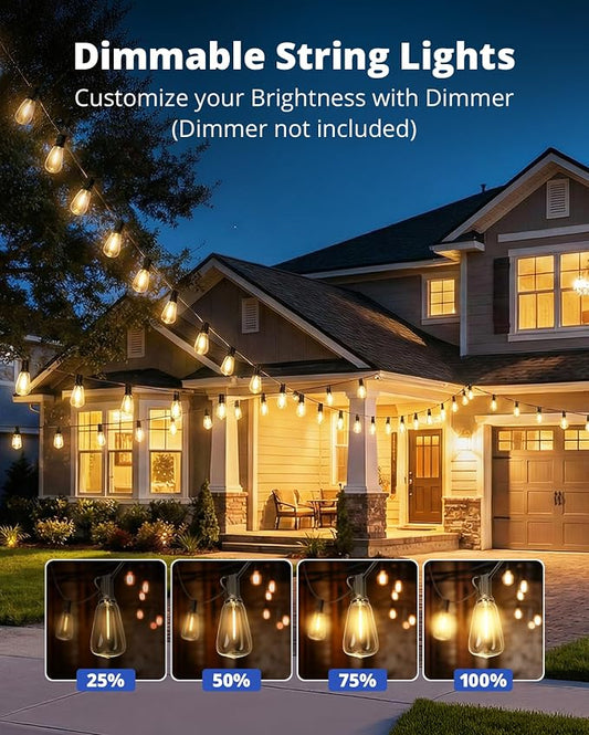 VIPAR Outdoor String Lights, 100FT 52 ST38 Bulbs Patio Lights Outdoor Waterproof, Shatterproof Vintage Edison LED Outside Hanging Light for Backyard, Porch, Garden, Deck, Bistro, 2700K Dimmable