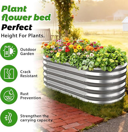 17" Tall Oval-Shaped / Elliptic Metal Raised Garden Bed Outdoor Silver | 48X24X17 Inch,1.5 FT Tall,0.8MM Thick Galvanized Metal,for Variety of Flowers,Herbs,Vegetables.with Gloves,Tool free