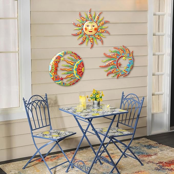 VividLadybug Sun Moon Sun Face Metal Wall Sculpture Set of 3, Indoor Outdoor Garden Fence Decor
