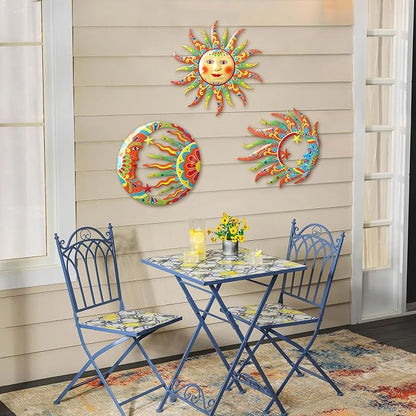 Limygus Vivid Sun Moon Sun Face Metal Wall Sculpture Set of 3, Indoor Outdoor Garden Fence Decor