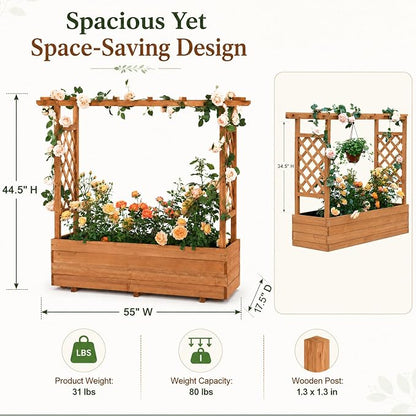 Raised Garden Bed with Arch Trellis & Hanging Roof for Climbing Plants