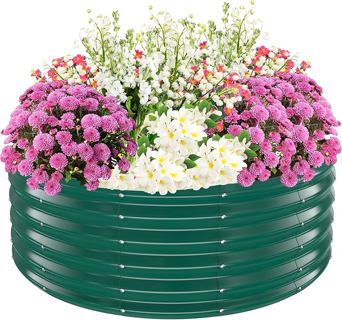 TBMLC 17" Tall Elevated Round Metal Rised Garden Bed- 4'x4' in Size and 0.8MM Thick Durable Planter Box for Vegetables Flowers Succulent at Patio/Garden Outdoor (Dark Green, 4FT Diameter)