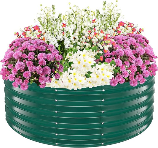 TBMLC 17" Tall Elevated Round Metal Rised Garden Bed- 4'x4' in Size and 0.8MM Thick Durable Planter Box for Vegetables Flowers Succulent at Patio/Garden Outdoor (Dark Green, 4FT Diameter)