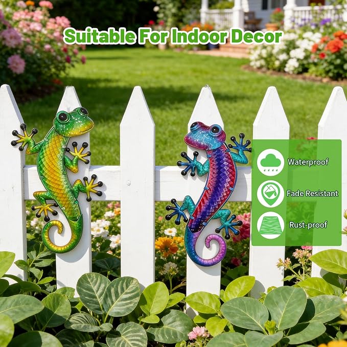 HONGLAND Lizard Metal Wall Art-15 Inch Gecko Wall Decor Hanging Glass Sculpture, 2 Pack Yard Decorations Outdoor for Garden Fence Home