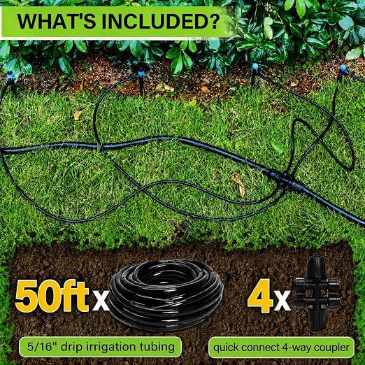 Bonviee 50FT 5/16 Inch Mainline Tubing with 6-Way Couplers, 4-Pack | Compact Mainline Kit for DIY Irrigation. Four Push-to-Connect 6-Way Couplers Help Create Branches in Raised Beds and Gardens.