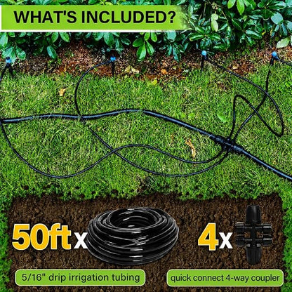 Bonviee 50FT 5/16 Inch Mainline Tubing with 6-Way Couplers, 4-Pack | Compact Mainline Kit for DIY Irrigation. Four Push-to-Connect 6-Way Couplers Help Create Branches in Raised Beds and Gardens.