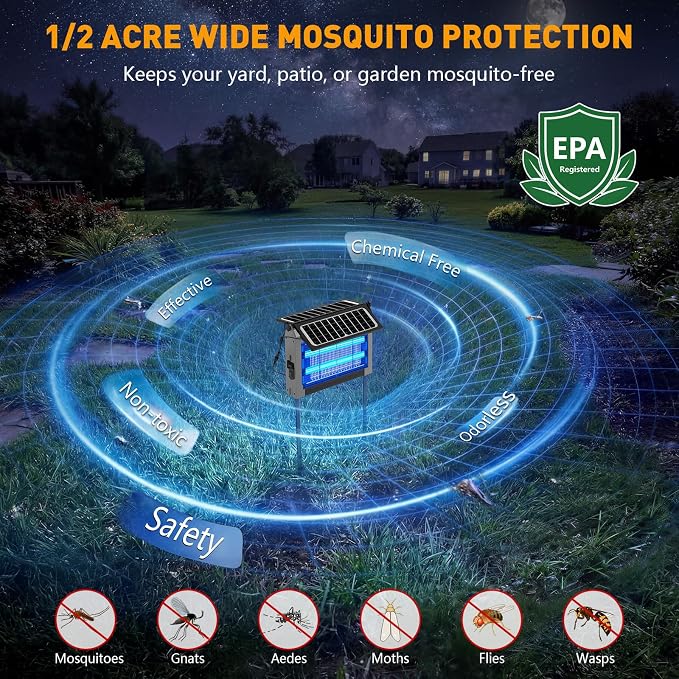 Solar Bug Zapper Outdoor, 4500V Solar Mosquito Zapper with Dual Solar Panels, 1/2 Acre Coverage Cordless Rechargeable Electric Fly Zapper, IPX5 Waterproof Mosquito Traps for Backyard, Patio, Camping