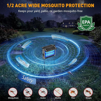 Solar Bug Zapper Outdoor, 4500V Solar Mosquito Zapper with Dual Solar Panels, 1/2 Acre Coverage Cordless Rechargeable Electric Fly Zapper, IPX5 Waterproof Mosquito Traps for Backyard, Patio, Camping