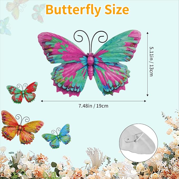 Junware 4 Pcs Metal Butterfly Wall Art Decor - 7.5" Outdoor Fence Wall Sculpture Decor, Hanging Decoration for Garden Yard Living Room Bedroom Patio Balcony, Nice Gift for Mom Friend