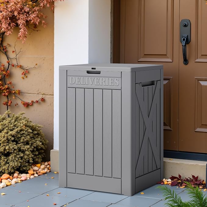 Greesum 48 Gallon Outdoor Package Delivery Box with Lock, Waterproof Secure Parcel Drop Box for Porch, Double-Wall Resin Storage, Gray