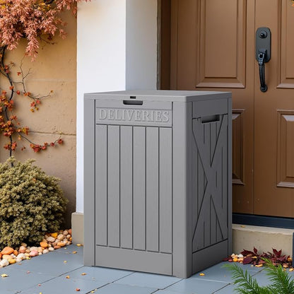 Greesum 48 Gallon Outdoor Package Delivery Box with Lock, Waterproof Secure Parcel Drop Box for Porch, Double-Wall Resin Storage, Gray