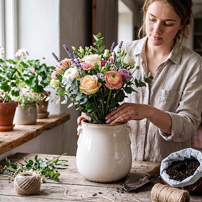 Ceramic Scroll Planter 6.5 Inch Chinoiserie Floral Vase with Drainage Holes Vintage Flower Vase Flower Pot Rustic Ceramic Pots for Indoor Plants Garden Home Bookshelf Decor (Pure White)