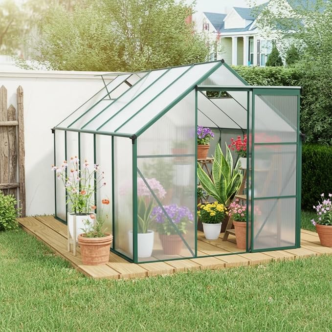 6x8 FT Greenhouse, Walk-in Polycarbonate Greenhouses with Sliding Doors, Aluminum Frame, Adjustable Roof Vent, Raised Base & Anchor, Outdoor Backyard Greenhouse for All Seasons, Green