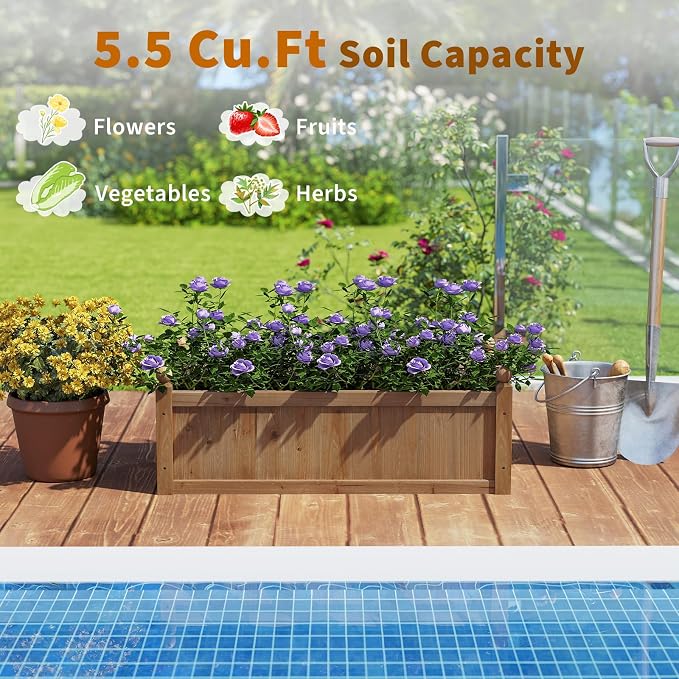 HAPPYGRILL Wood Raised Garden Bed, 46” x 24” x 16” Rectangular Flower Box w/Drainage Holes for Growing Vegetables, Flowers, Herbs, Outdoor Planter Box for Backyard Garden Lawn
