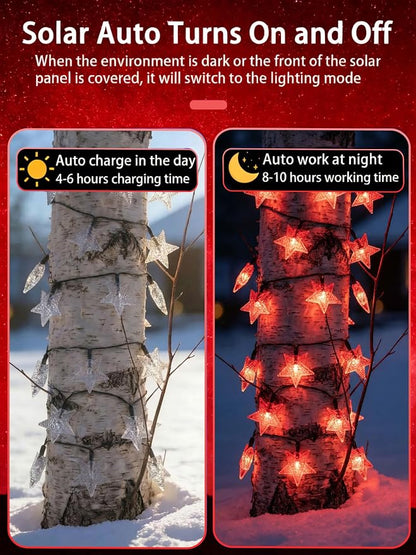 Solar Twinkle Star String Lights Outdoor Waterproof 39FT/100L Fairy Lights | 8 Modes Christmas Decor Camping Tree Party Yard Wedding Garden Red