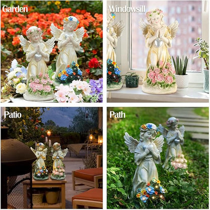 Angel Garden Statue 2Pcs,Love Heart Solar Garden Decor with Warm Light,Waterproof Praying Angel Statue with Flowers,Outdoor Garden Decor Sculpture for Lawn Yard Patio Garden Present,Apricot