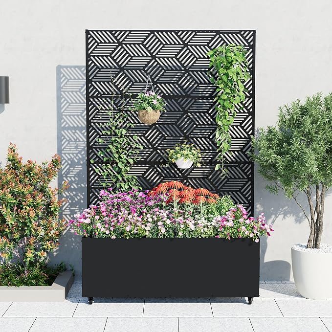 GarveeLife Metal Planter Box with Trellis and Wheels, 71"x47"x16" Raised Garden Bed for Climbing Plants, Vegetables, Vines, Privacy Planters for Patio with Drainage Holes, 15.7" Deep Planting Bed