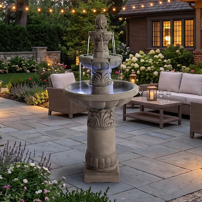 52" H 3-Tier Outdoor LED Garden Fountain, Large Floor Standing Cascading Waterfall with Bubbler Design, Resin Water Feature for Patio Yard Garden, Gray