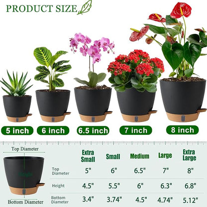 Self Watering Pots for Inoor Ourdoor Plants 8/7/6.5/6/5 Inch Plastic Planters with Drainage Holes & Water Level Indicator, Decorative House Flower Nursery Planting Pots with Saucers (Black)