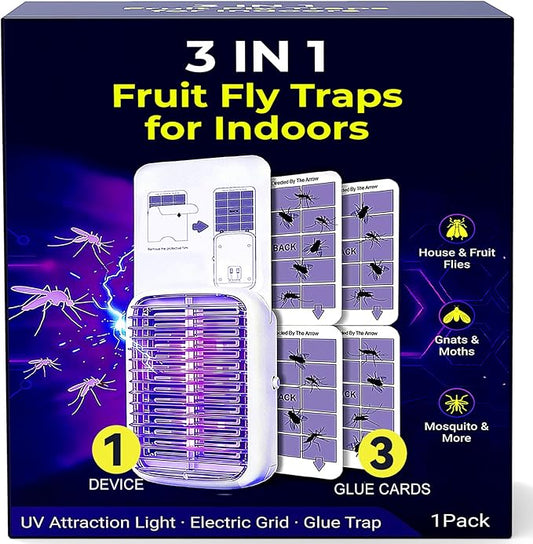 Upgraded Fruit Fly Traps for Indoors, Flying Insect Trap for Fruit Flies, Gnats, Plug in Bug Zapper Indoor with Dual-UV Lights & Trapping, Electric Grid & Glue Traps(1 Device & 3 Glue Boards)