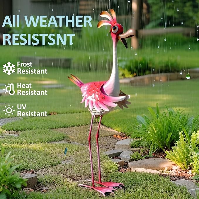 Natelf Outdoor Summer Flamingo Metal Garden Yard Art 25in | Weatherproof, Rustproof, Large Outdoor Garden Statue, Spring-loaded, For Women Mom Grandma