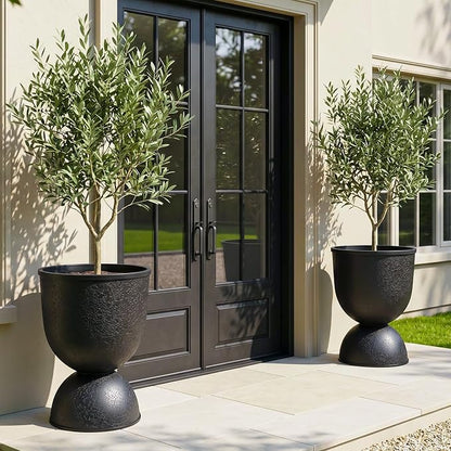 KOL Planters Flower Pots, Plastic Urn Planters for Indoor Outdoor Plants, Black Pedestal Planter Pots 2 Pack, 18 Inch Tall Decorative Planters with Drainage Holes & Plugs for Front Porch Patio Garden