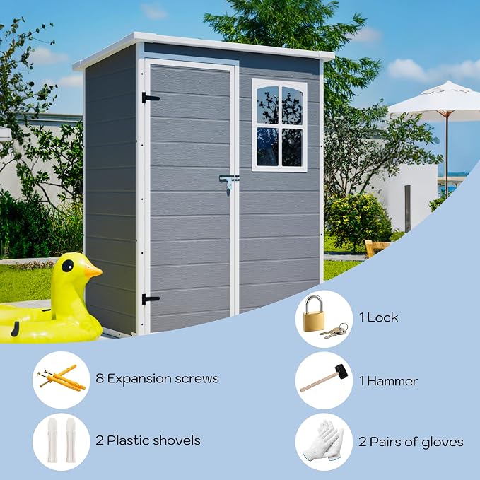PVWIIK 5x3 ft Resin Outdoor Storage Shed with Floor & Window, Lockable Waterproof All-Weather Utility Shed for Garden Tools & Trash Bins, Gray-White