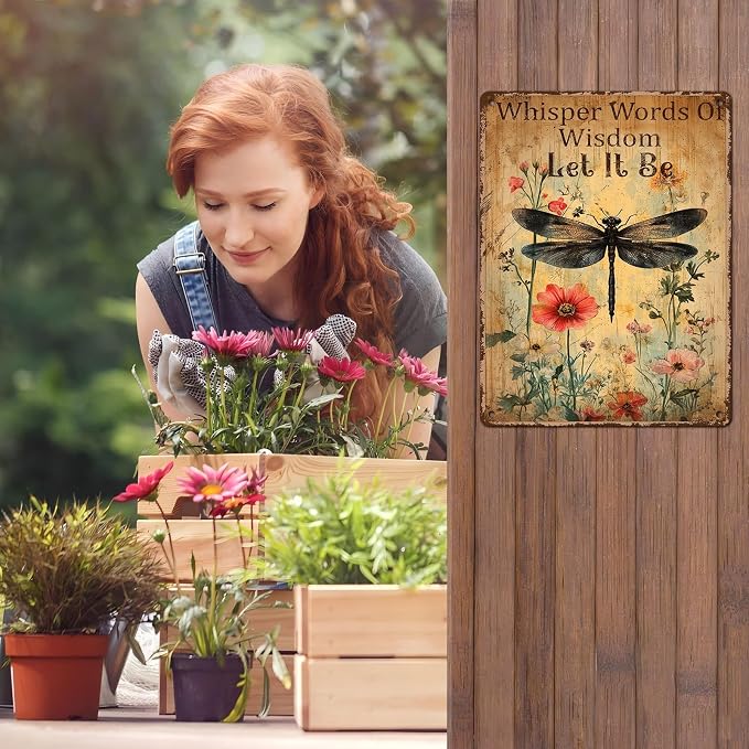 Vintage Dragonfly Metal Signs Whisper Words Of Wisdom Let It Be Dragonfly Art Metal Plaque Wall Decor Home Office Kitchen Garden Backyard Tin Sign 12 * 16inch