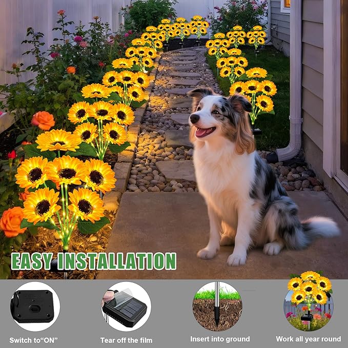 6 Pack with 36 Sunflower Lights,Solar Lights Outdoor Garden Decor,Solar Flowers Lights Waterproof,Sunflowers Birthday Gifts for Mom Women Grandma,Decorative Stakes Lights for Landscape Yard Patio Lawn