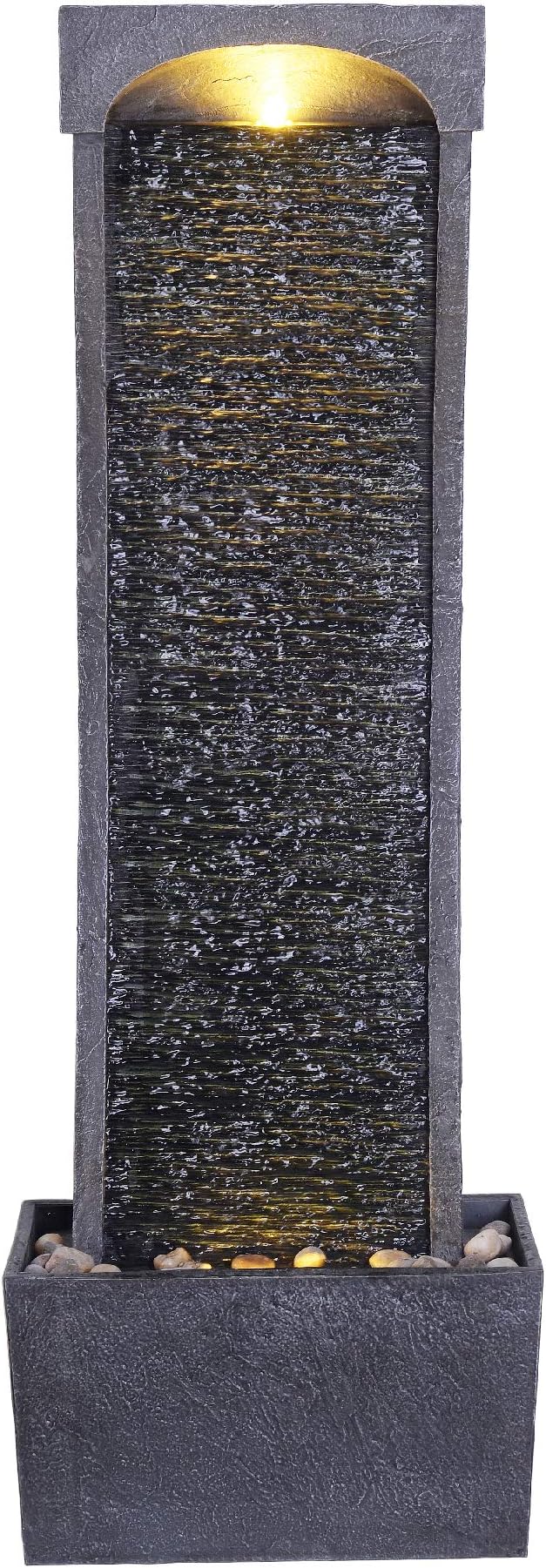 Teamson Home 38.58 in. Modern Curved Faux Slate Waterfall Fountain for Indoors or Outdoors with LED Light Accents and 1.98-Gallon Pump, Black and Stone Gray | Freestanding Floor Garden Waterfall, LED Lights, Weatherproof Polyresin, For Patio & Yard