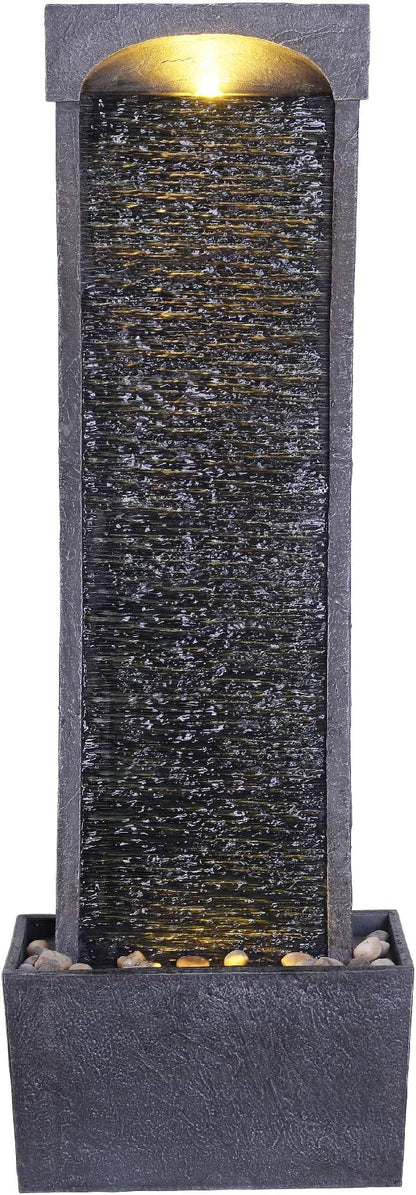 Teamson Home 38.58 in. Modern Curved Faux Slate Waterfall Fountain for Indoors or Outdoors with LED Light Accents and 1.98-Gallon Pump, Black and Stone Gray | Freestanding Floor Garden Waterfall, LED Lights, Weatherproof Polyresin, For Patio & Yard