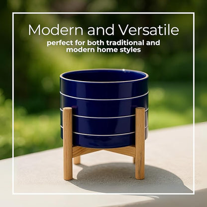 Striped Ceramic Planters with Wooden Stand for Home Decor Flower Pots for Entryway, Patio, Tabletop, and Garden - Colorful Decorative Pots for Indoor and Outdoor Plants - 9", Blue & Tan