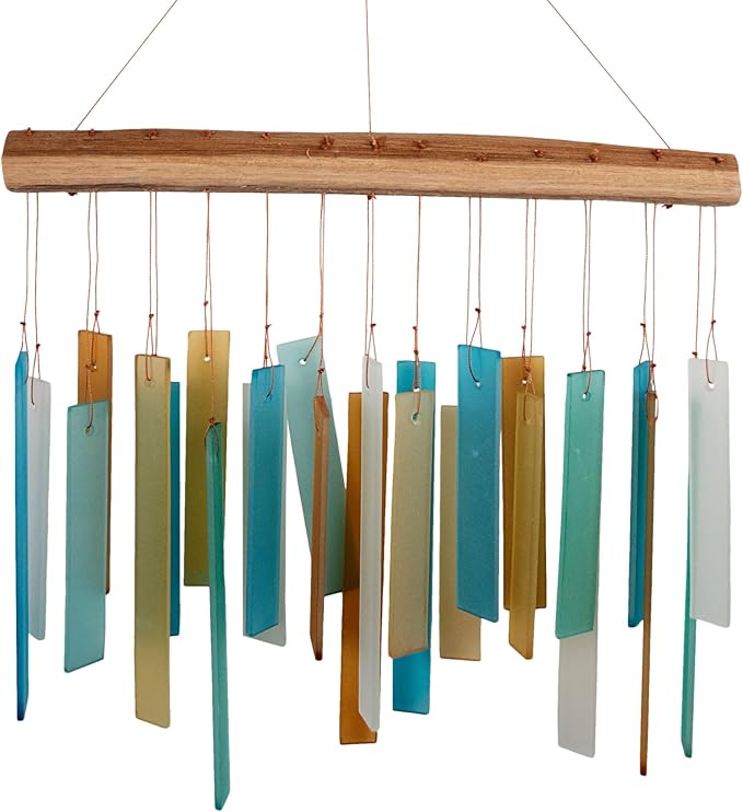 Caribbean Beach Glass Driftwood Wind Chime, Coastal Decor, 11 Inch | Turquoise Beach Colors; Driftwood Accent; Tropical Coastal Decor; Handcrafted Chime