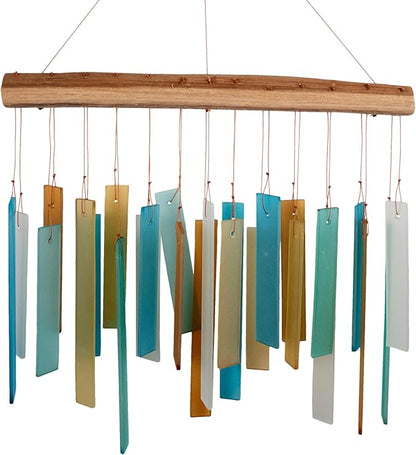 Caribbean Beach Glass Driftwood Wind Chime, Coastal Decor, 11 Inch | Turquoise Beach Colors; Driftwood Accent; Tropical Coastal Decor; Handcrafted Chime
