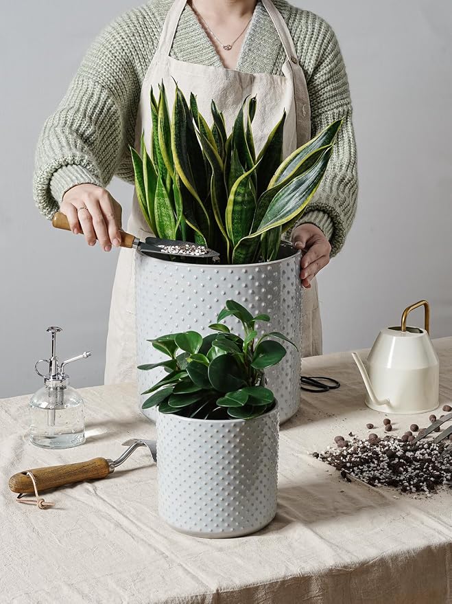 LE TAUCI 10+8+6 Inch Ceramic Pots for Plants, Indoor Planters with Drainage Hole and Plug, Raised Dots Cylinder Flower Pots Set of 3 for Office and Living Room, Glossy, Star Gray