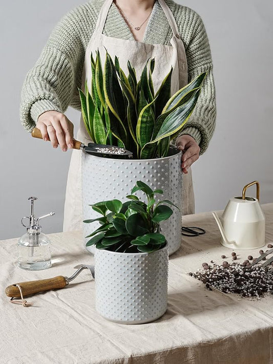 LE TAUCI 10+8+6 Inch Ceramic Pots for Plants, Indoor Planters with Drainage Hole and Plug, Raised Dots Cylinder Flower Pots Set of 3 for Office and Living Room, Glossy, Star Gray
