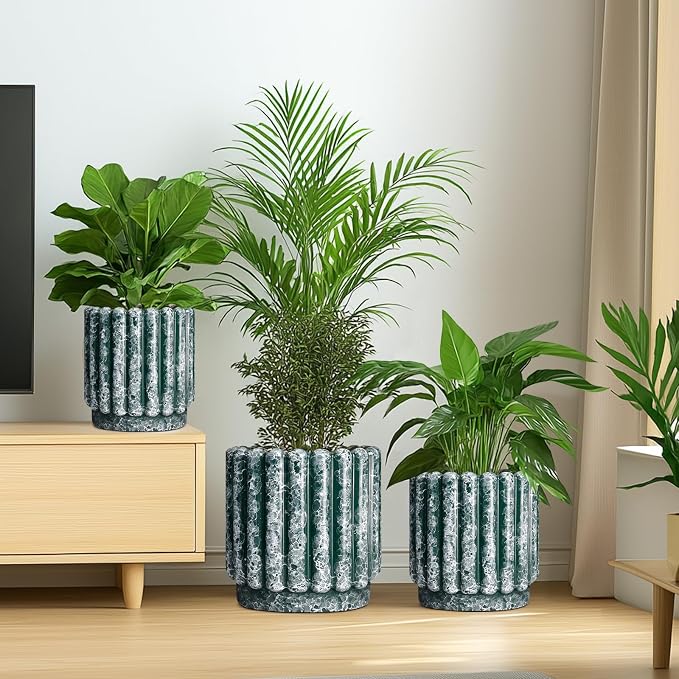 Ceramicfor Ceramic Plant Pot, 9.6 Inch, Green | Drainage Hole, Fluted Round Design, Indoor & Outdoor Use, Home Decor
