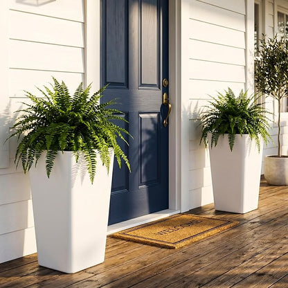 KOL Planters for Outdoor Plants, 20 Inch Tall White Flower Pots 2 Pack, Large Plastic Plant Pots with Drainage Hole and Dual-Purpose Tray, Decorative Indoor Planter for Front Porch Patio Garden