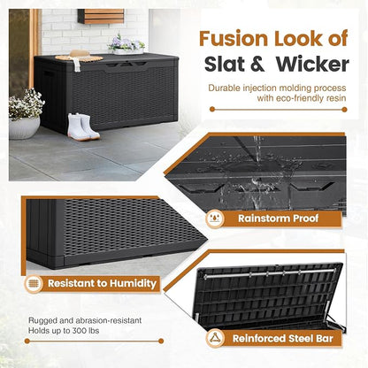 Greesum 100 Gallon Resin Patio Storage Box for Garden Tools, Outdoor Furniture Cushions, Pool Supplies, Black