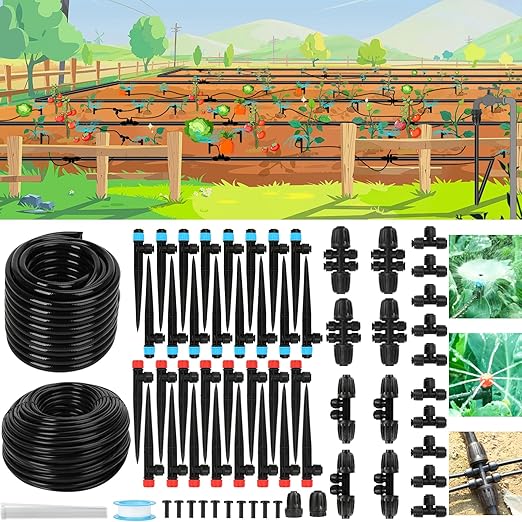 250FT Drip Irrigation System for Garden - 50FT 1/2" Main Tube & 200FT 1/4" Branch Tubing, Brass Splitter, Quick Connect Design, Perfect for Outdoor Plants, Raised Beds, Greenhouses