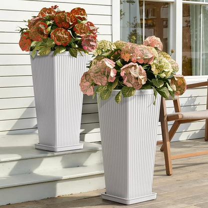 White Square Tall Planters for Outdoor Plants Set of 2-24" Modern Tapered Indoor Flower Pots with Drainage Holes/Partition/Tray, Large Outdoor Planters for Porch Patio Garden Front Porch