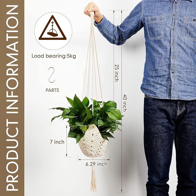 Shappy 1 Pack Boho Macrame Plant Hanger, Large Hanging Planter Plant Holder Pot Hanger Hanging Basket Wall Planters, Plants Lover Gift for Indoor Garden (Classic,White)