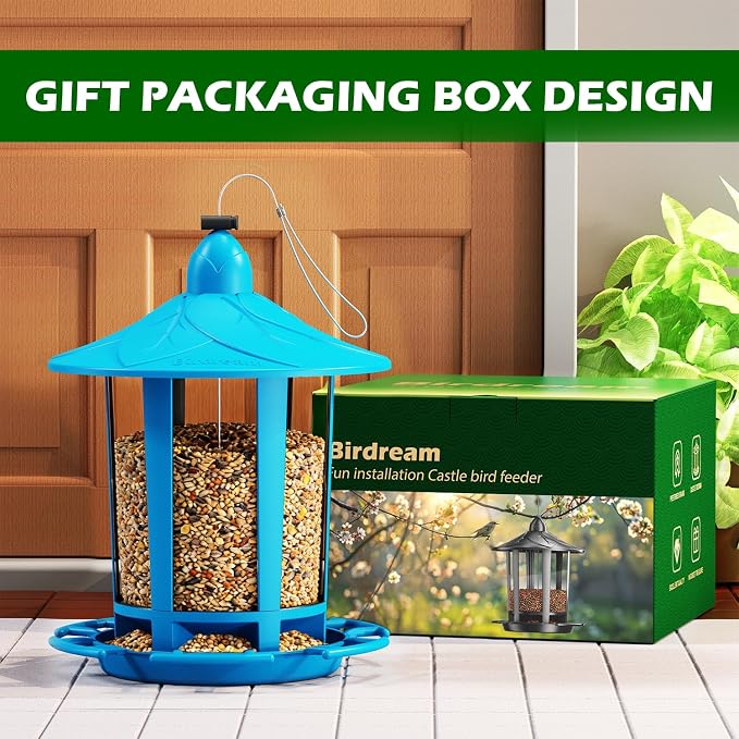 Birdream Bird Feeders for Outdoor Hanging, Assembly Required, 1-Min Easy Setup, Charming Castle Design, Attracting Cardinals Chickadees Goldfinches & Sparrows - Blue
