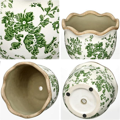 Hollyone 2 Pack Ceramic Planter Green Vintage Ceramic Pot 5.5 + 6.6inch Decorative Flower Plant Pot with Drainage Hole Crackle Glaze for Indoor Outdoor Tuscan Decor Home Living Room Garden Decor