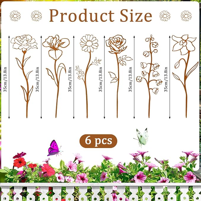 Rusty Metal Flowers for Outside, 6 PCS Decorative Garden Stakes, Metal Yard Art Outdoor Flower Bed Decor, Garden Stakes Decorative for Lawn, Pots, Walkway