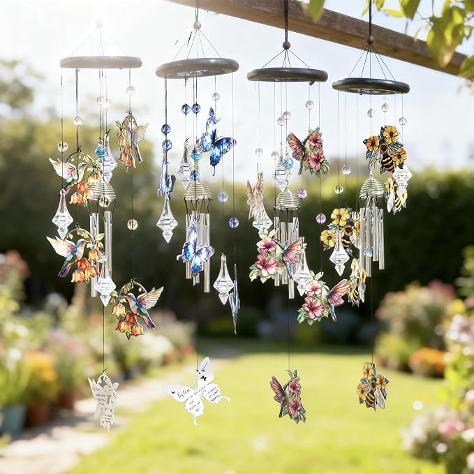 YU FENG Butterfly Memorial Wind Chime, Crystal Suncatcher Outdoor Decor | 27 Inch Metal Hanging Chime, Blue Butterfly Design, Sympathy Remembrance Gift, Garden Yard Patio Decoration