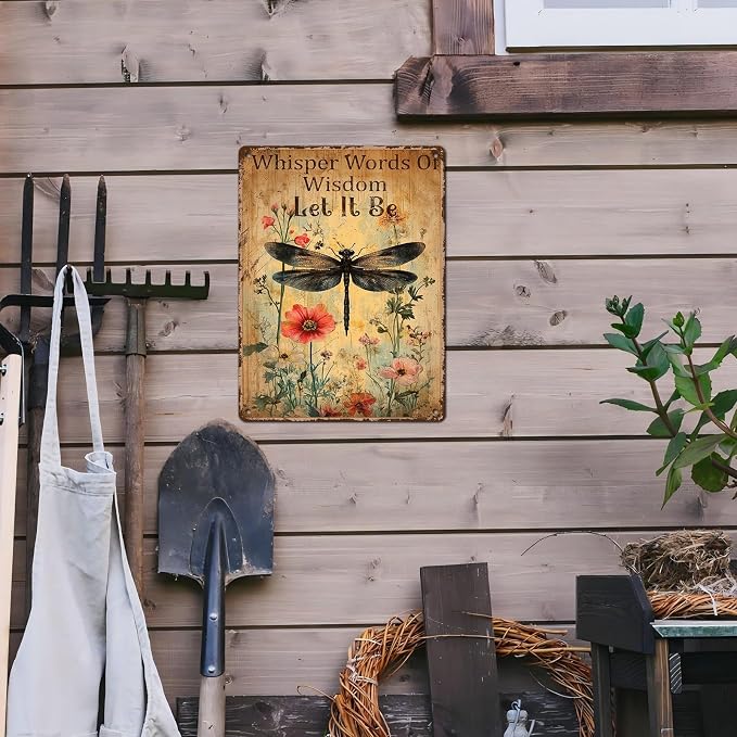 Vintage Dragonfly Metal Signs Whisper Words Of Wisdom Let It Be Dragonfly Art Metal Plaque Wall Decor Home Office Kitchen Garden Backyard Tin Sign 12 * 16inch