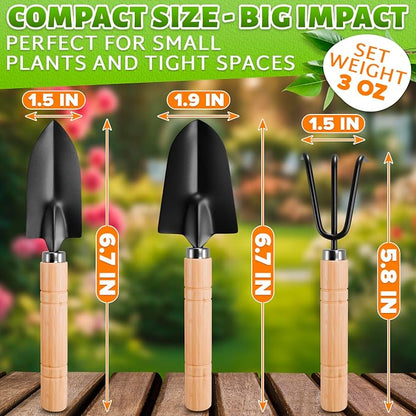 3 Pcs Mini Garden Tools, Shovel, Rake, Wooden Handles, Steel Heads | Small Gardening Tools Set, Tiny Trowel for Transplanting, Repotting and Planting, for Indoor Plants, Succulents and Bonsai