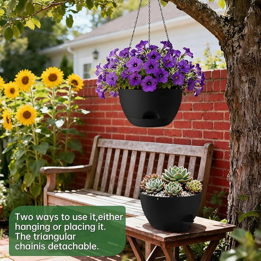 4-Piece Set of 8-Inch Hanging Planters with Automatic Watering System and Drip Tray, Includes Metal Chain, Suitable for Various Indoor and Outdoor Plants and Flowers,Black